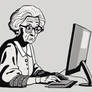 An animated grandma with a computer looking confus