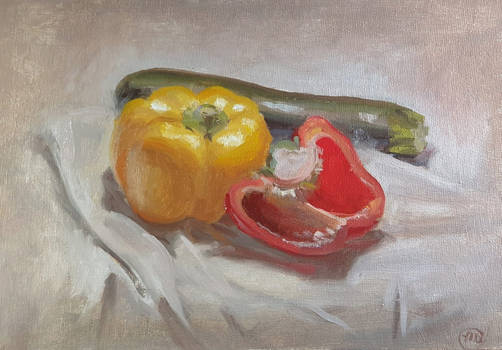 Still Life Study: Red, Yellow and Green Vegetables