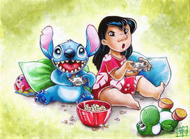 Lilo and Stitch playing video games, commission