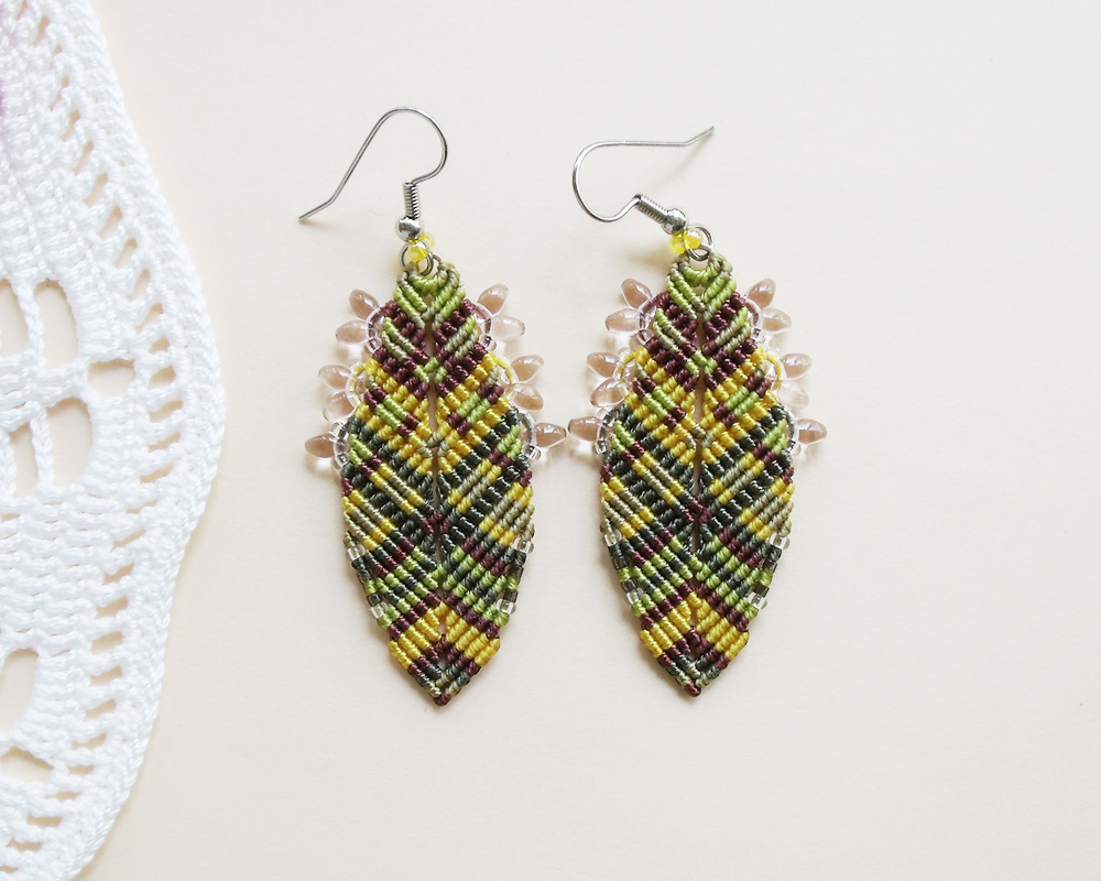 Beaded Bohemian Feathers - Green Yellow Marsala