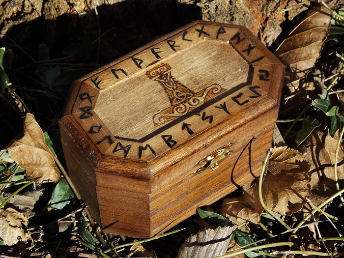 Pagan Wood Burned Runes and Thor's Hammer Mjolnir