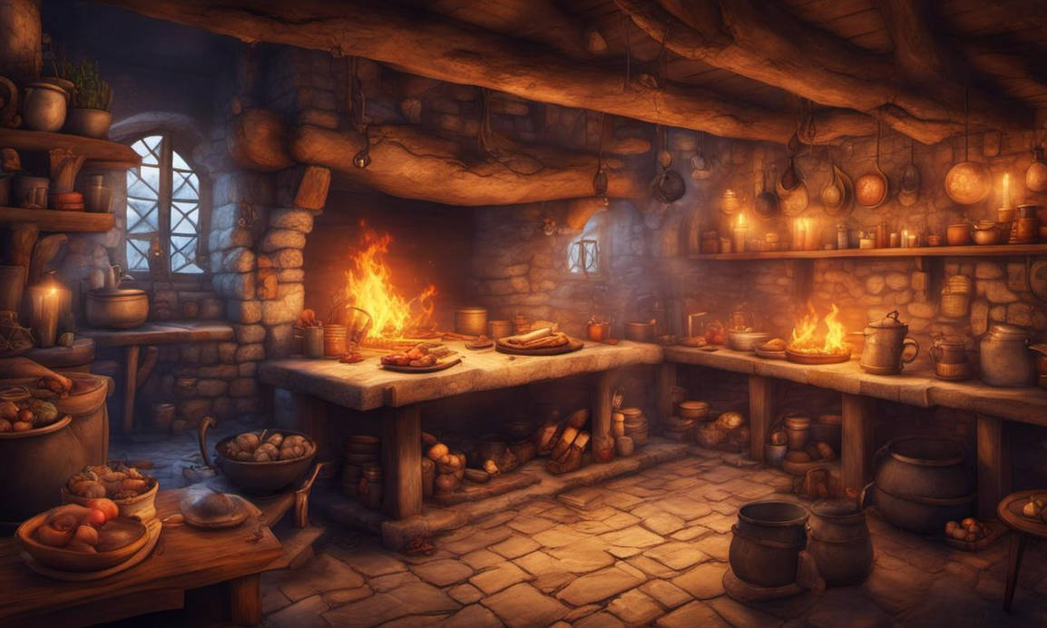 Medieval Hearth Kitchen With Lots Of Yummy Food Wa by Psychowolf205 on ...