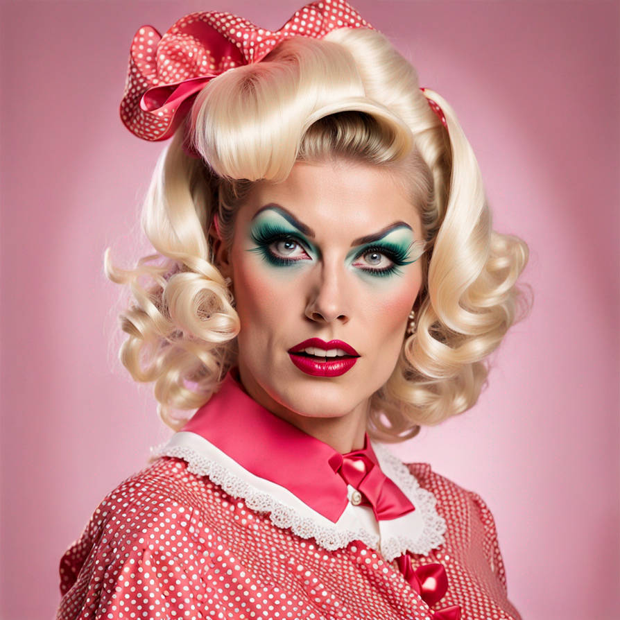 Sissy boy dressed up as a 1960s blonde housewife