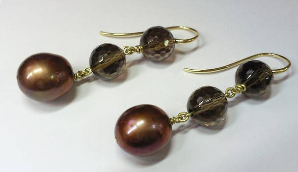 Pearl+smokey quartz earrings