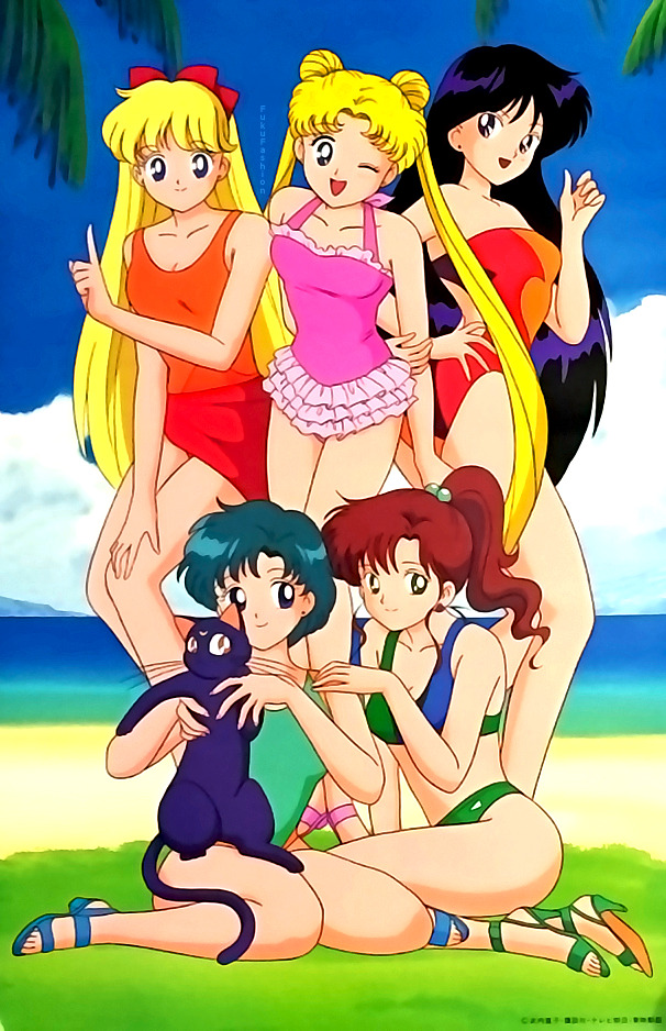 The Sailor Senshi on the beach in their swimsuits