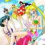 The Sailor Senshi in swimsuits on the beach