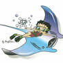 Betty Boop and Pudgy scuba diving with a Manta Ray