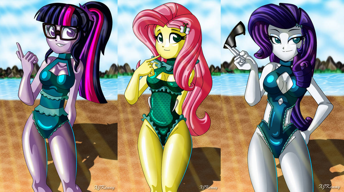 EQG Sci-Twi, Fluttershy and Rarity's swimsuits