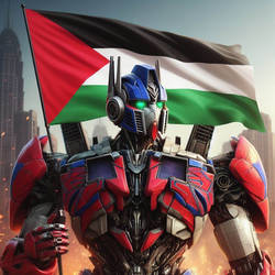 Optimus prime stand with Palestine