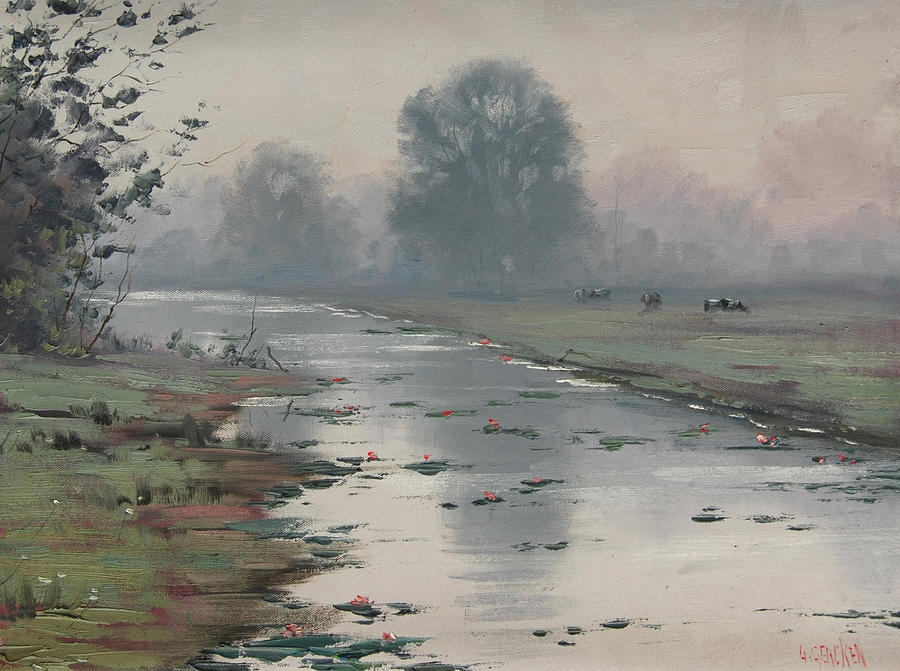 Foggy River Painting by artsaus