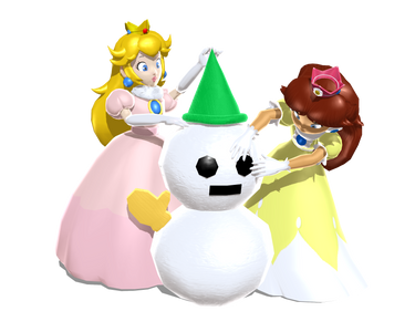 Peach and Daisy building a snowman