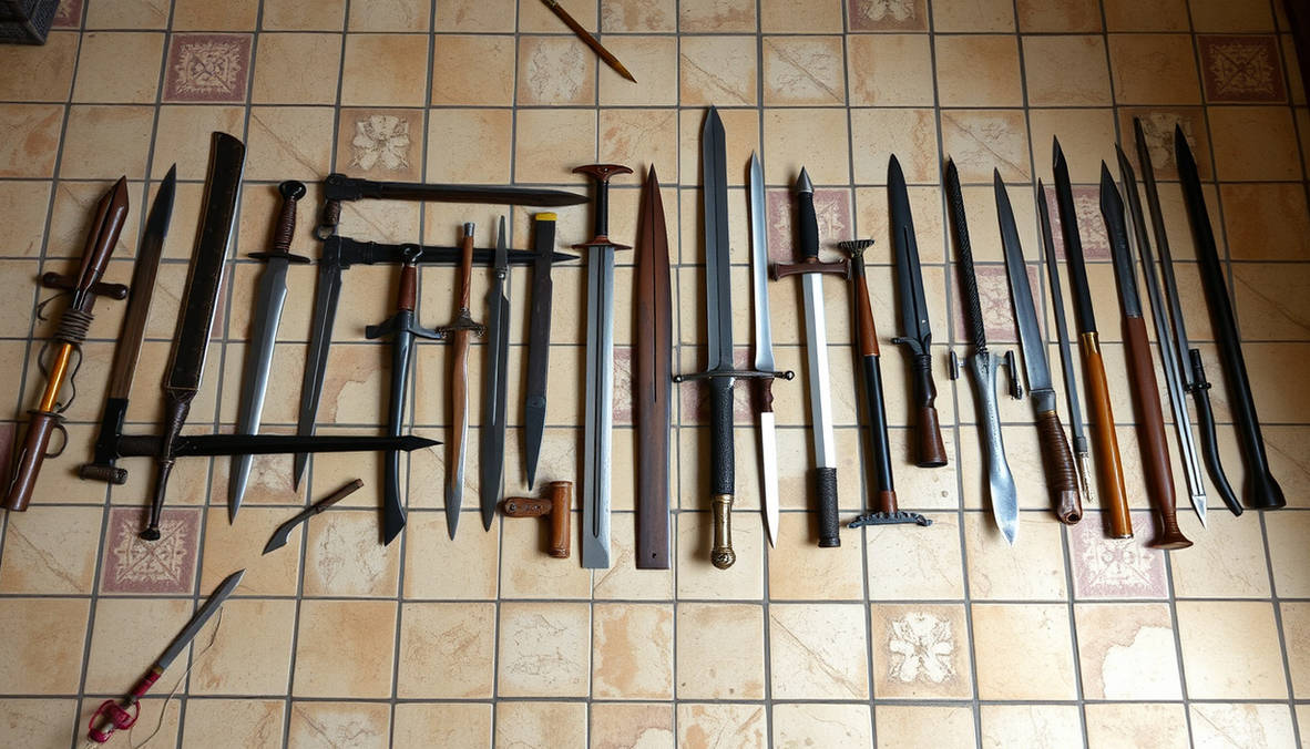 Many different medieval weapons layed out on a til
