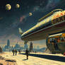 I want a retro futurist scene painted by Jim burns