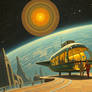 I want a retro futurist scene painted by Jim burns