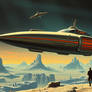 I want a retro futurist scene painted by Jim burns
