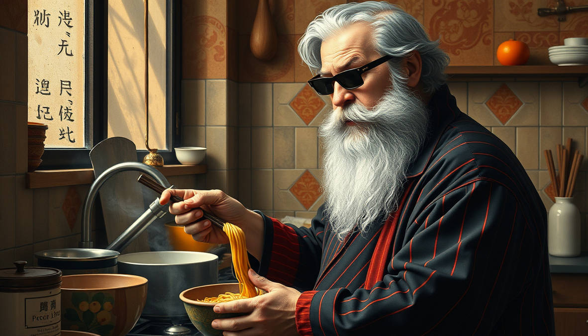 Old Fat Man Gray Hair Goatee Black Pajamas Striped by ...