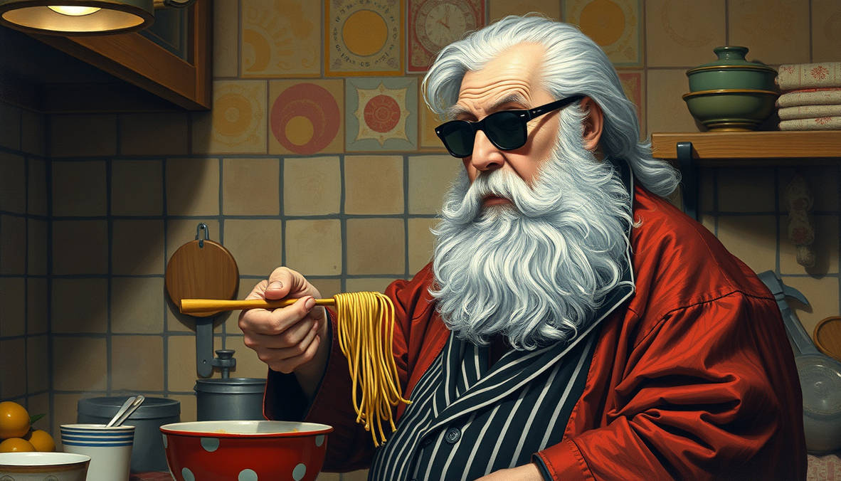 Old Fat Man Gray Hair Goatee Black Pajamas Striped by ...