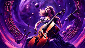 A Woman musicien plays a very large double bass.