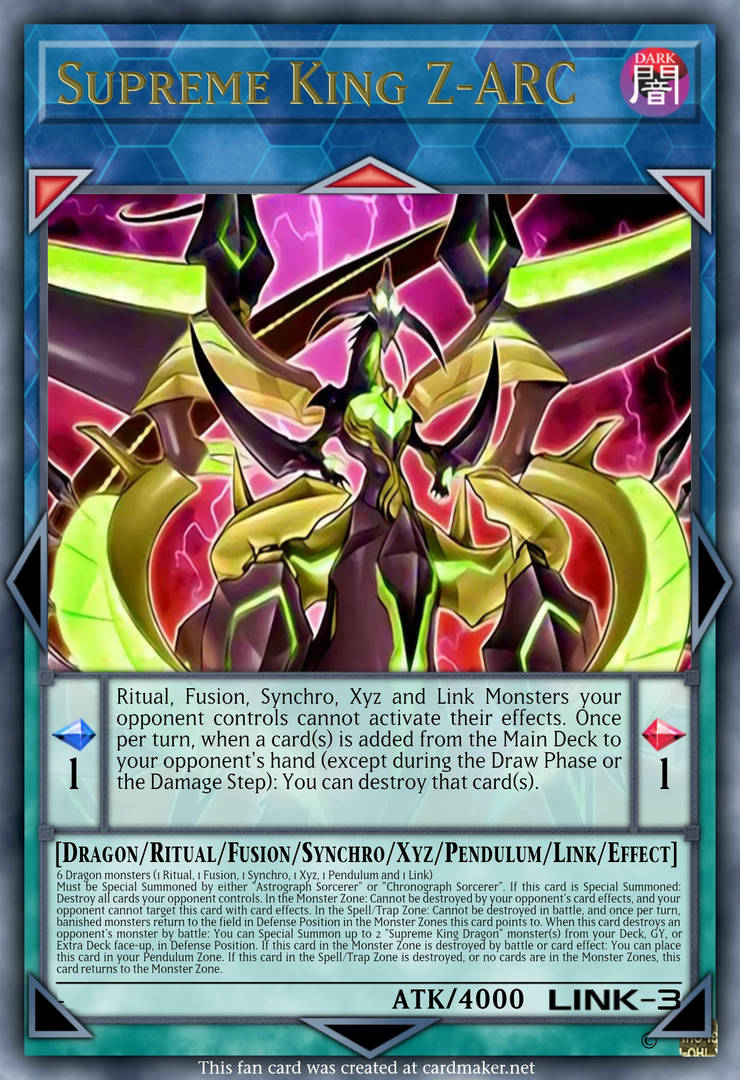 yugioh zarc card YU-GI-OH! Supreme King Z-ARC - Synchro Universe - LEDE-EN100 - Super Rare This is of the Secret Rare rarity. Supreme King Z-ARC - Yugipedia