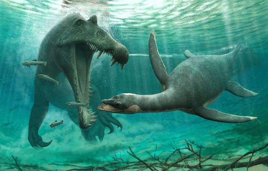Spinosaurus attacking small leptocleidid