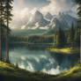 Forest with mountains and lake wallpaper