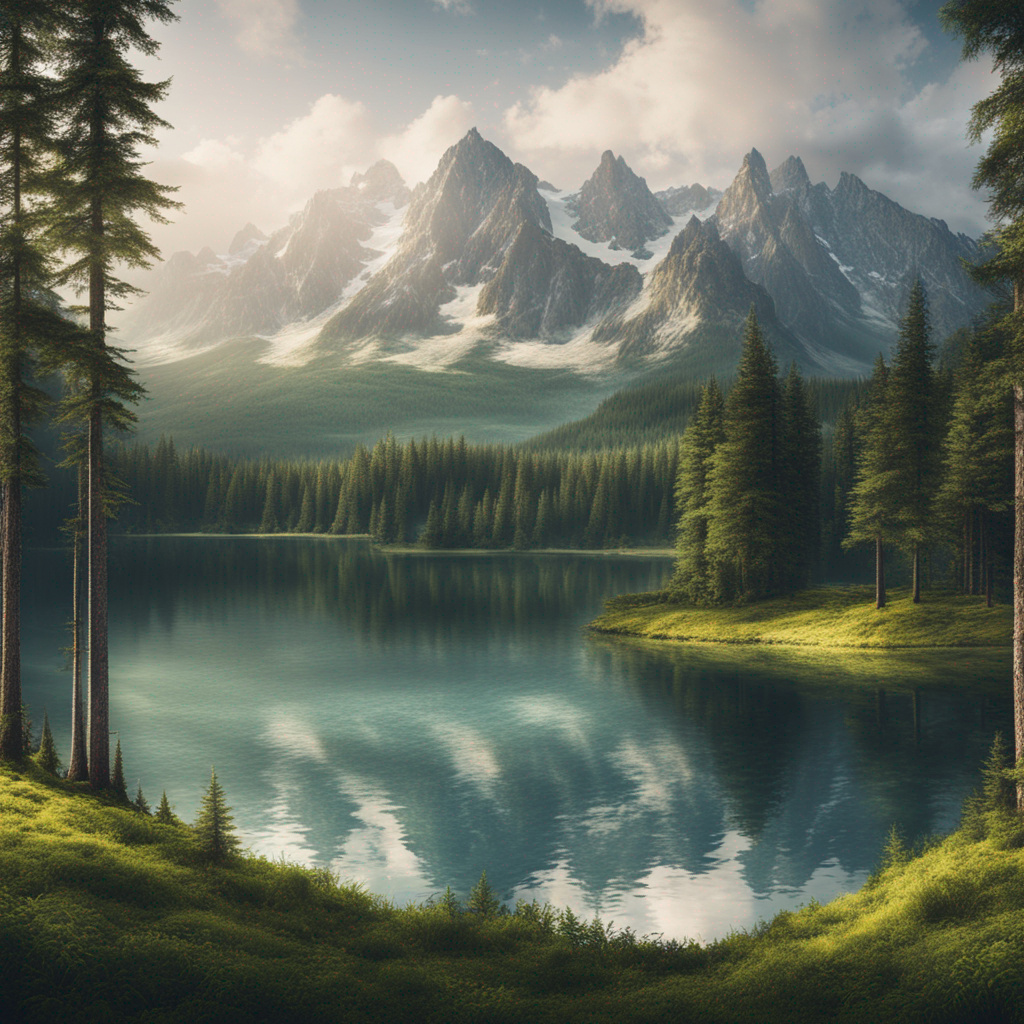 Forest with mountains and lake wallpaper
