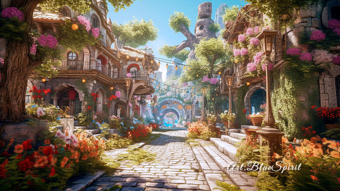 Fanatsy Cobbled Path Cobblestone Street with Flora in Fantasy Town by ArtSpiritShop on ...