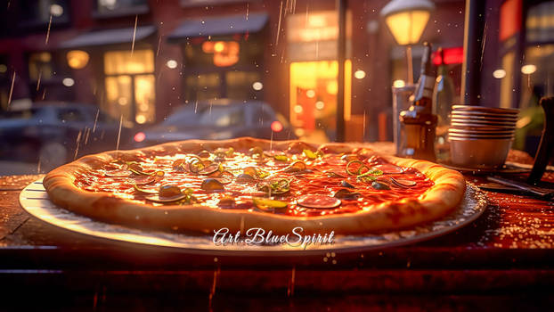 Pizza on Table in the Rain