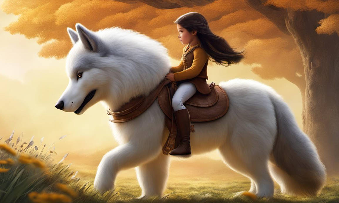 Little Girl Mounted Atop Her Giant Wolf, Riding, by sangerzonnvolt1 on ...