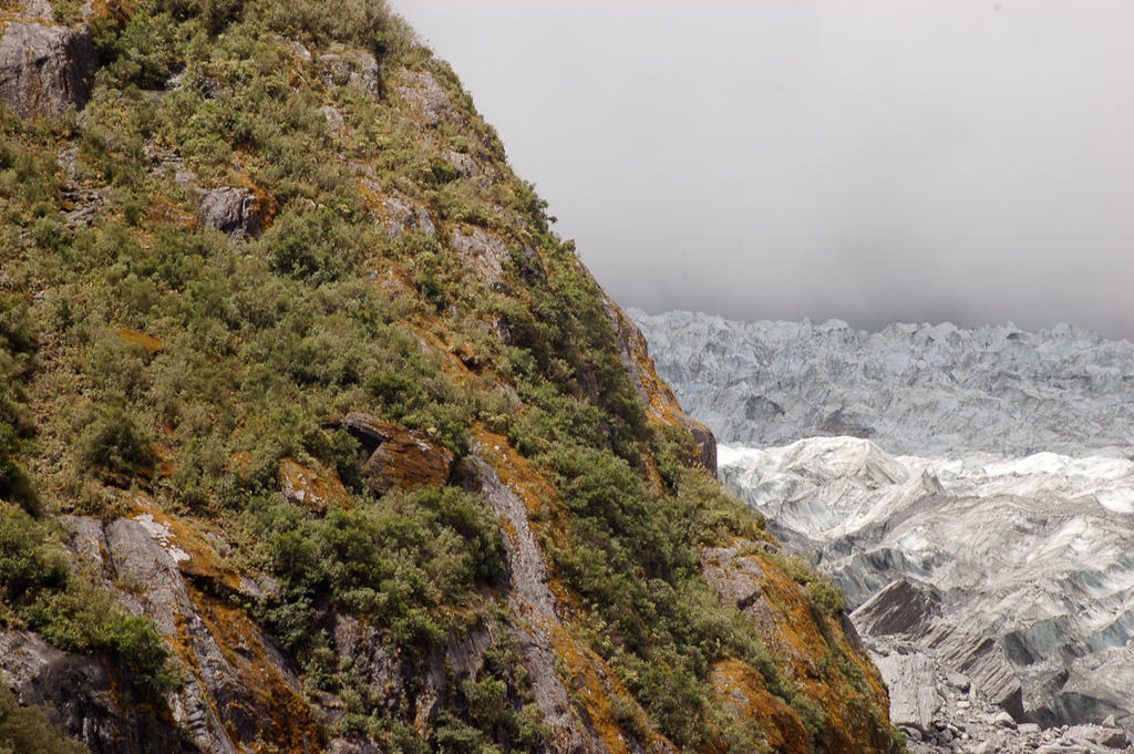 NZ Green mountain with snow glacier in bg