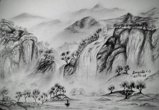 Waterfall over the mountains- pencil sketch