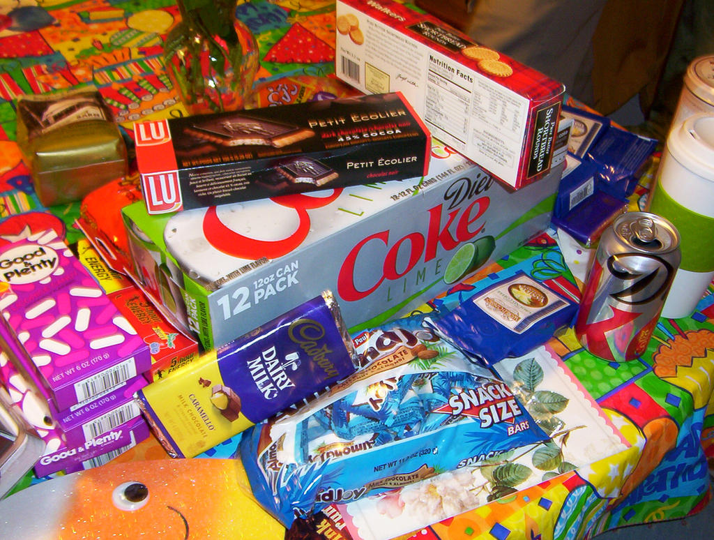 Colorful party gifts and junk food