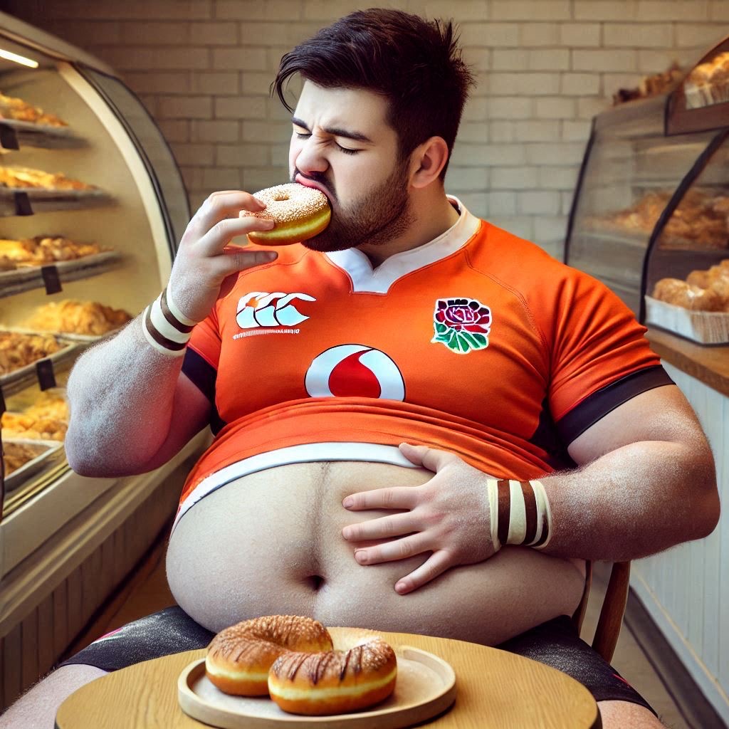 Fat rugby player stuffing himself at a bakery AI by noam840 on DeviantArt