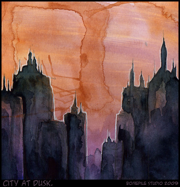 City at dusk.Watercolor.2009