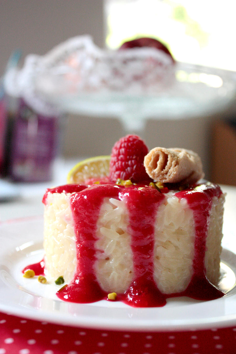 Rice pudding with raspberry coulis