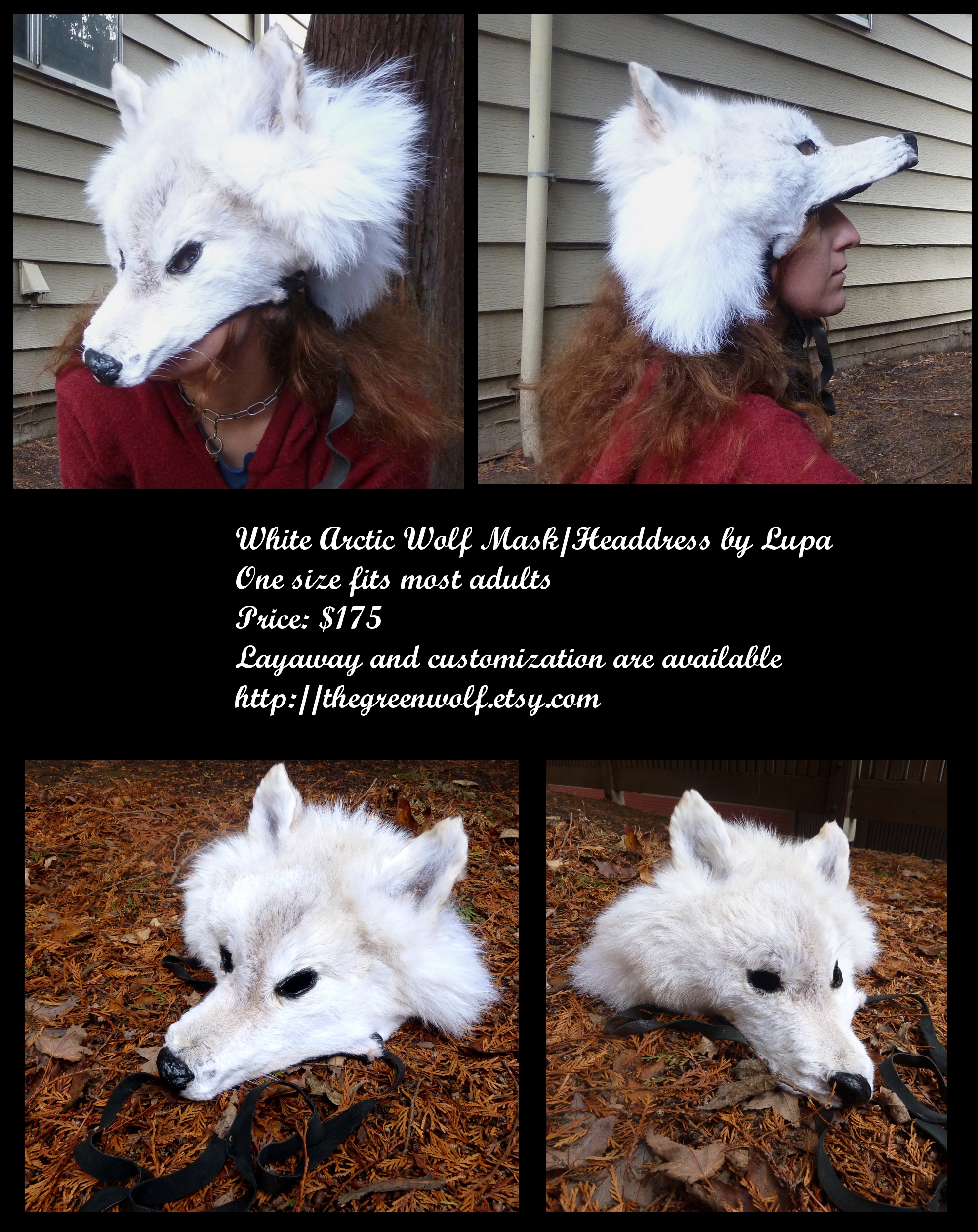 Real Fur White Arctic Wolf Mask or Headdress