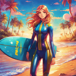 Shiny latex vault suit at the beach