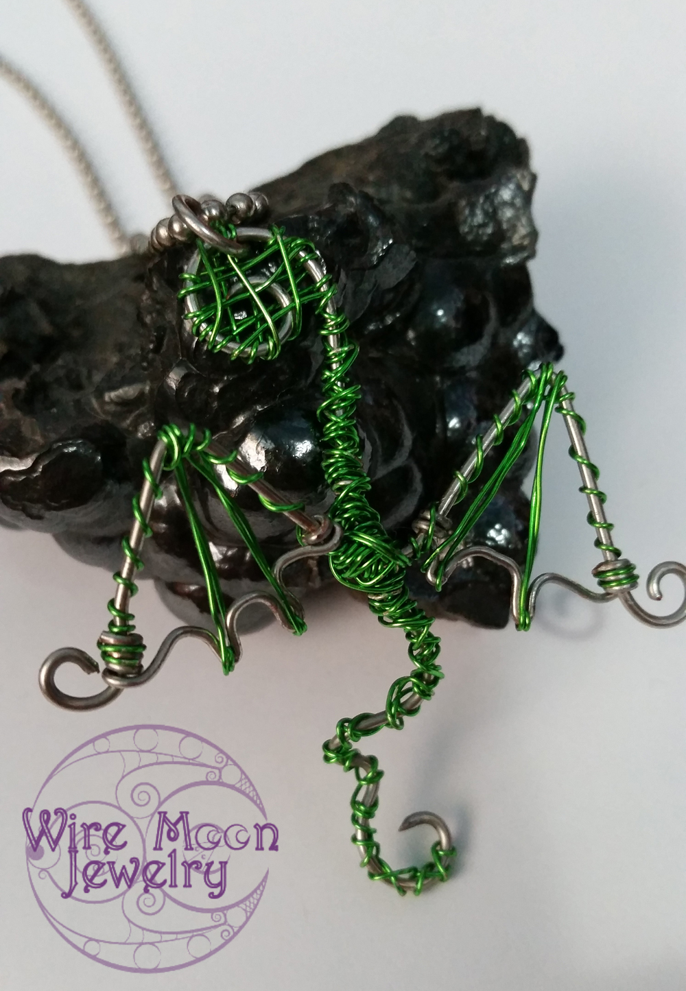 Handmade Green and Silver Wire Wrapped Dragon