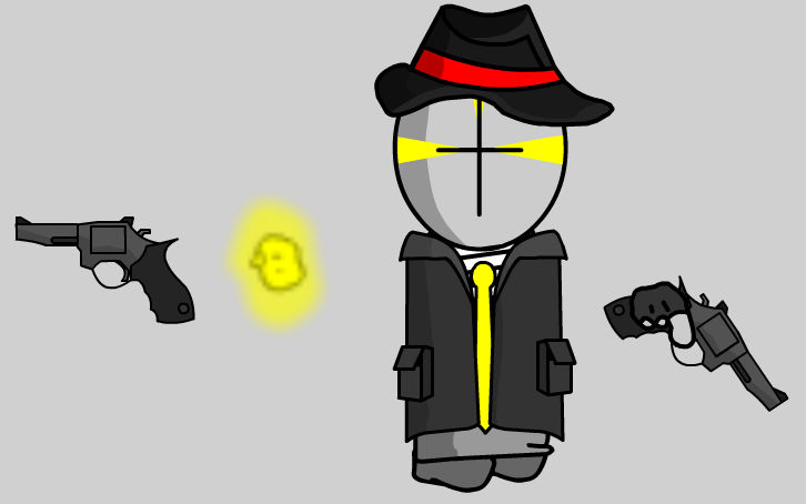 A soldier with a black coat, and only one eye with that eye comes a yellow  visor. a.tp soldat from madness combat. grunt from madness combat. has  floating hands and no arms