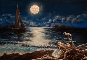 Acrylic Painting On Canvas. sea in Moon Light