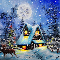 Happy New Year. Acrylic Painting. Winter Night