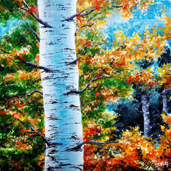 Acrylic Painting. Painting Birch in Autumn.