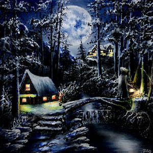 Acrylic Painting. Fantastic Winter Night