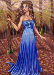 Autumn forest ,lady in a blue dress