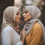 Two women hijab kissing lesbian