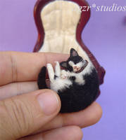 Handmade 1:12 scale miniature furred Tuxedo cat