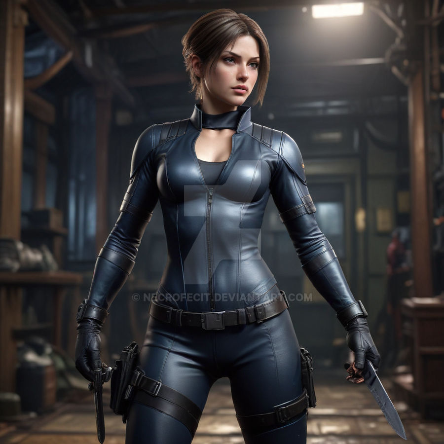 Jill Valentine blue suit fanart with knife by Necrofecit on DeviantArt