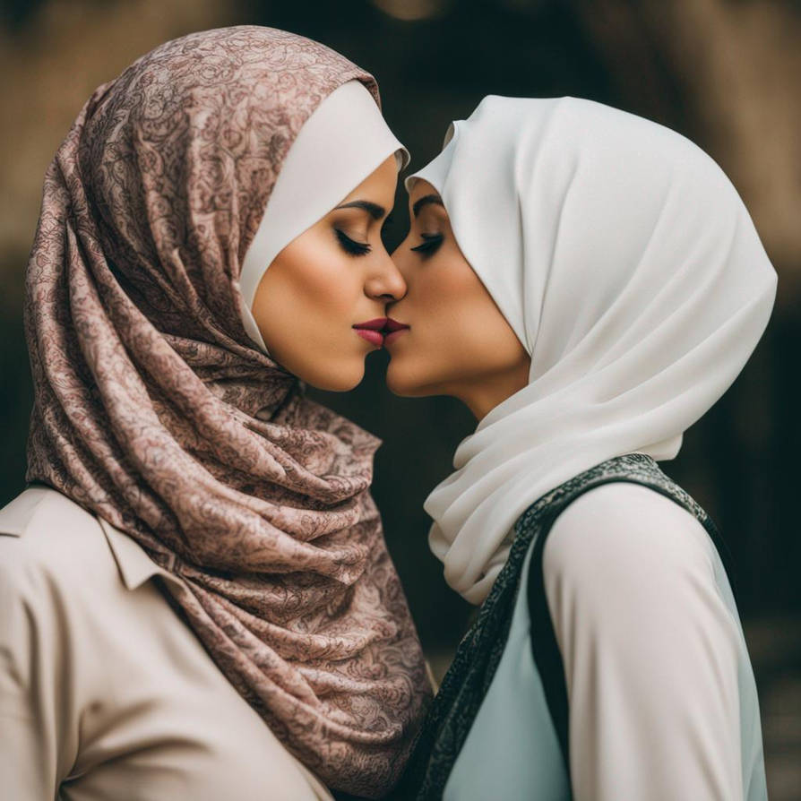 Two women hijab kissing
