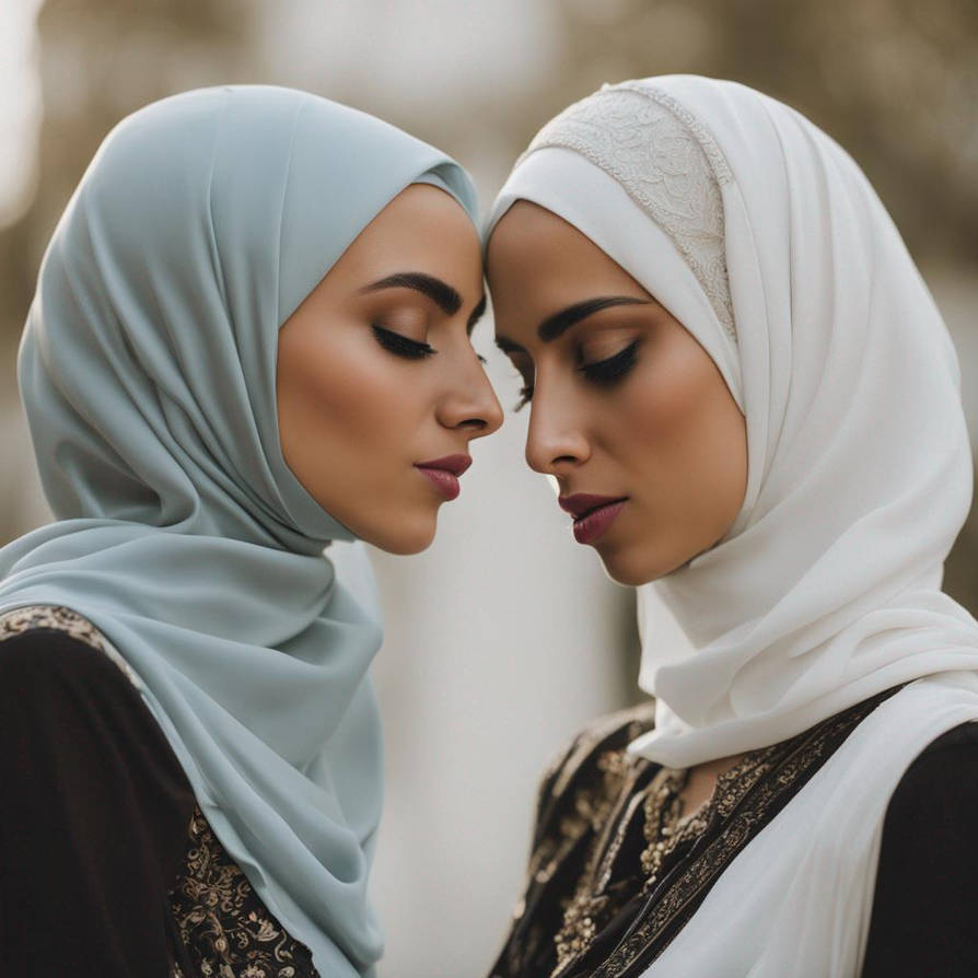 Two women hijab kissing