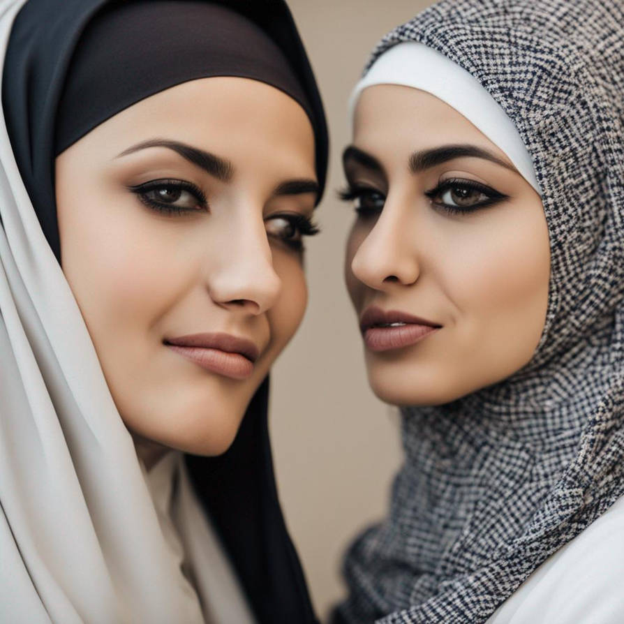 Two women hijab kissing lesbian